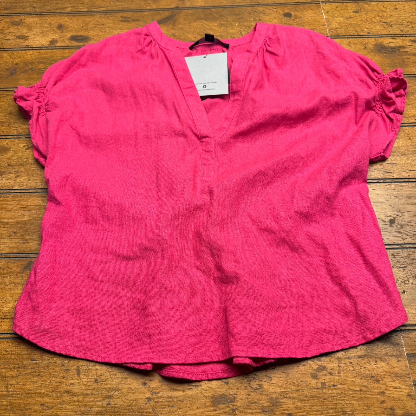 Marc New York Andrew Linen Blend V Neck Short Sleeve Tunic Top Women M Hot Pink